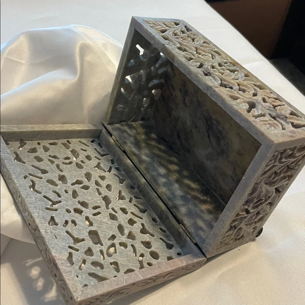 Intricately Carved natural soap Stone Box hand carved by Indian artisans